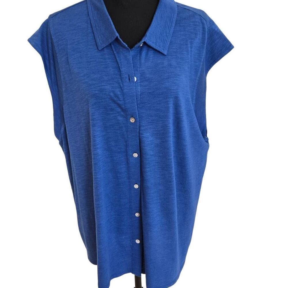J. Jill Womens Blue Collared Cap Sleeve Cotton Blend Button Front Top Size 2X